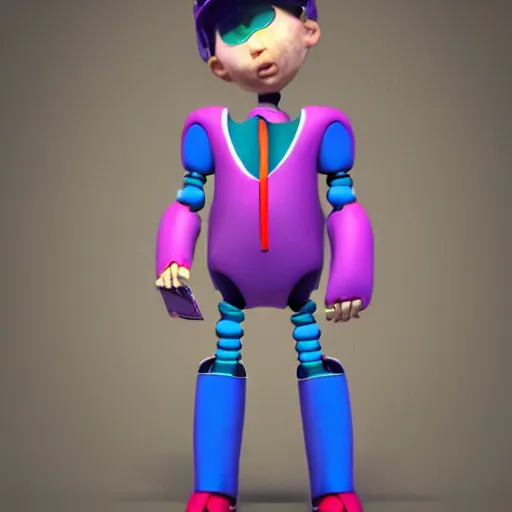 Image similar to kid robot with purple jacket design by fabricio campos and lidia morales, character modeling, toy design, substance 3 d painter, blender, mental ray, zbrush, trending in behance