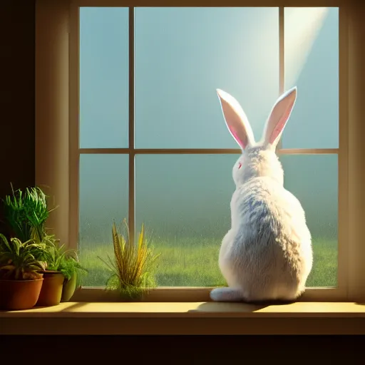 Image similar to beautiful peaceful dreamy painting of a big bunny sitting by a window and looking outside, sunshine coming through the window, small plants on the window sill, 8k, hyper realism, trending on artstation, octane render