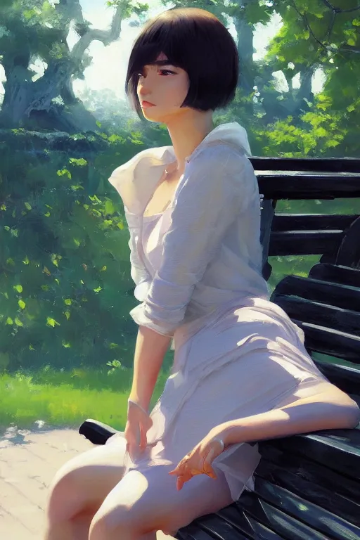 Image similar to A ultradetailed beautiful panting of a stylish woman siting on a park bench, Oil painting, by Ilya Kuvshinov, Greg Rutkowski and Makoto Shinkai