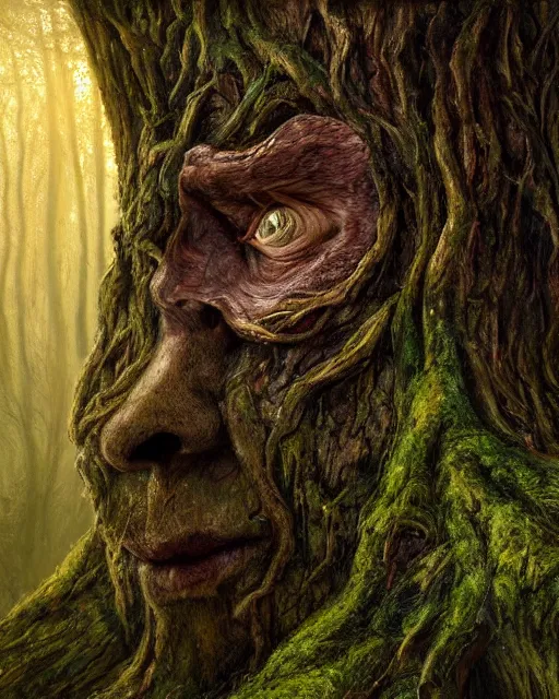 Prompt: a talking oak tree, a face in the bark, nose made of wood, eyes in the bark, fantasy concept art, leaves and moss, digital painting, oil painting, hyperrealistic, beautiful, treebeard, ent, highly detailed, soft lighting, golden sunlight, very detailed eyes, artstation, cgsociety, in the forest, by alan lee, by artgerm