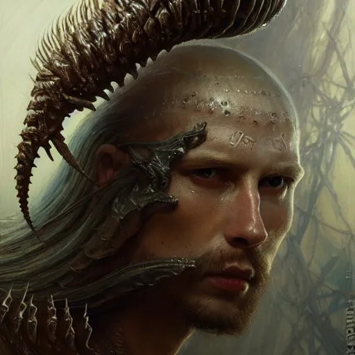 Prompt: a portrait of a white centipede warrior, high detail, cleary see face by gaston bussiere, bayard wu, greg rutkowski, giger, maxim verehin, greg rutkowski, masterpiece, sharp focus, cinematic lightning - h 7 6 8