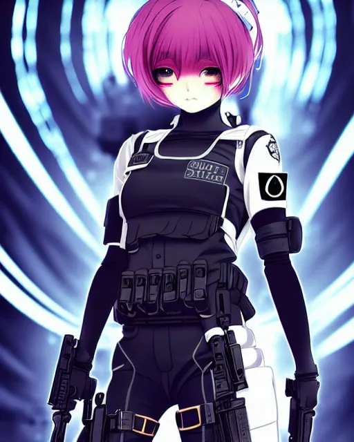 Image similar to 2 b, anime key visual of a young female swat officer, neon, cyberpunk, futuristic, white outfit, black swat vest, swat helmet, holding pdw, stunning, highly detailed, digital painting, smooth, soft focus, illustration, poster, japanese typography, digital art from artstation by artgerm and greg rutkowski and alphonse mucha