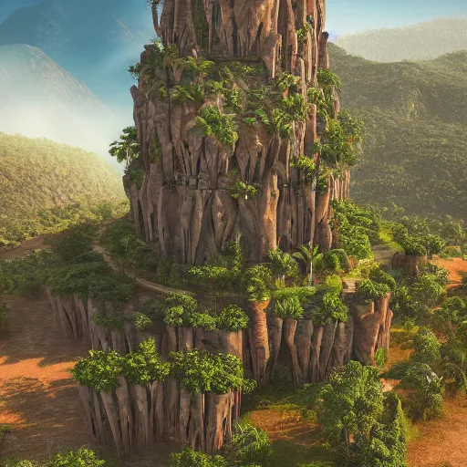 Image similar to photo of vertical golden tower, stacked ancient village, arid mountains and lush palm forest, photo realism, sharp focus, octane