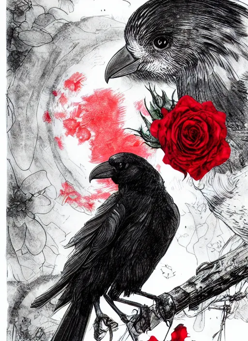 Image similar to portrait, A crow with red eyes in front of the full big moon, book cover, red roses, red white black colors, establishing shot, extremly high detail, foto realistic, cinematic lighting, pen and ink, intricate line drawings, by Yoshitaka Amano, Ruan Jia, Kentaro Miura, Artgerm, post processed, concept art, artstation, matte painting, style by eddie mendoza, raphael lacoste, alex ross