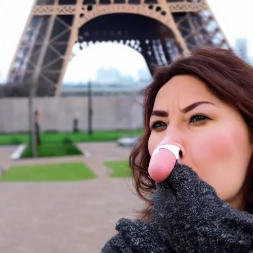 Prompt: a woman with a nose as big as the eiffel tower