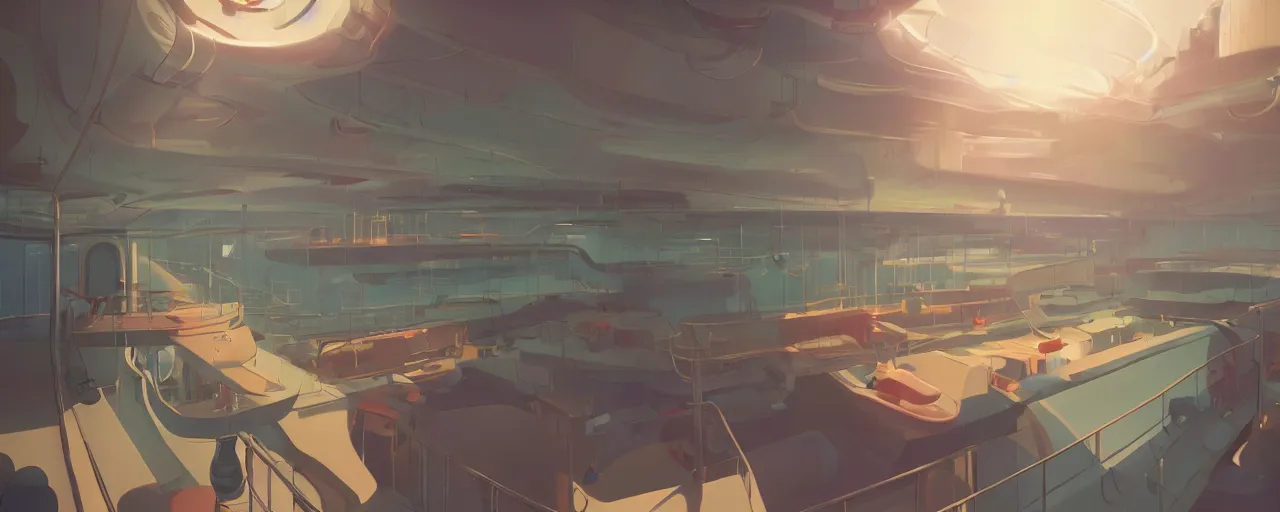 Image similar to nuclear powered cruise ship with vertical farm, detailed, atey ghailan, goro fujita, studio ghibli, rim light, exquisite lighting, clear focus, very coherent,