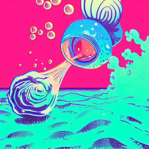 Image similar to deep ocean snail blowing bubbles, vaporwave risograph, synthwave