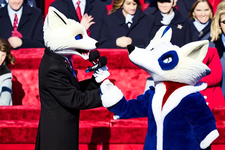 Image similar to photo of the usa presidential inauguration, a fox fursuiter being inaugurated as president