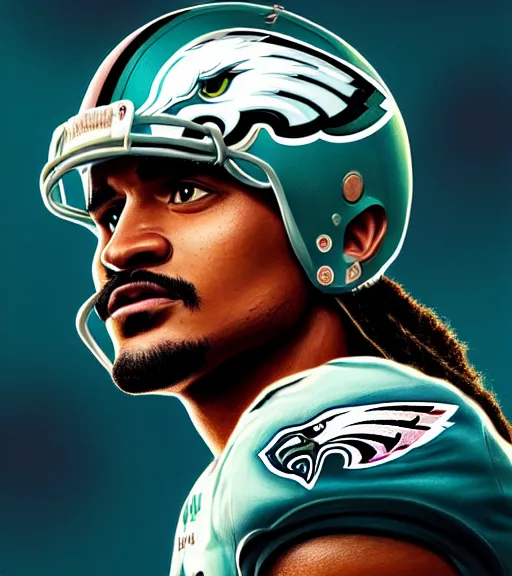 Image similar to highly detailed portrait of jalen hurts, philadelphia eagles football, unreal engine, fantasy art by greg rutkowski, loish, rhads, ferdinand knab, makoto shinkai and lois van baarle, ilya kuvshinov, rossdraws, tom bagshaw, global illumination, radiant light, detailed and intricate environment