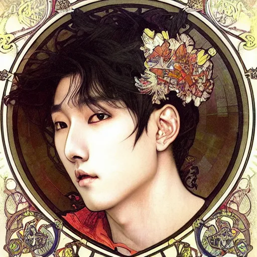 Prompt: realistic detailed face portrait of K-pop idol Changbin by Alphonse Mucha, Ayami Kojima, Amano, Charlie Bowater, Karol Bak, Greg Hildebrandt, Jean Delville, and Mark Brooks, Art Nouveau, Neo-Gothic, gothic, playing card suit hearts, playing cards, rich deep moody colors