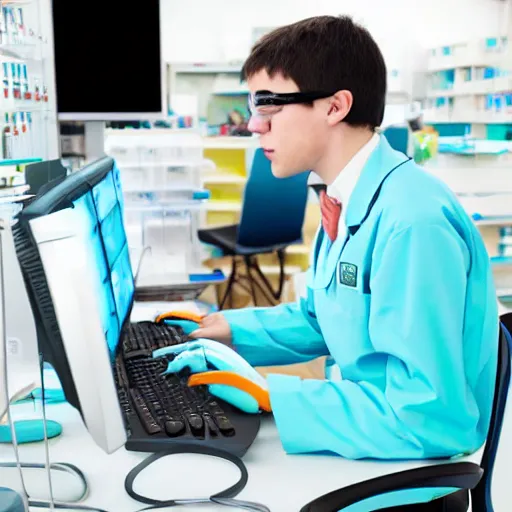 Image similar to A dolphin wearing a chemist outfit playing games on a computer