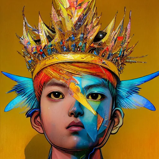 Prompt: prompt : colorful bird, golden crown, soft light painted by james jean and katsuhiro otomo and erik jones, inspired by akira anime, smooth face feature, intricate oil painting, high detail illustration, sharp high detail, manga and anime 1 9 9 9