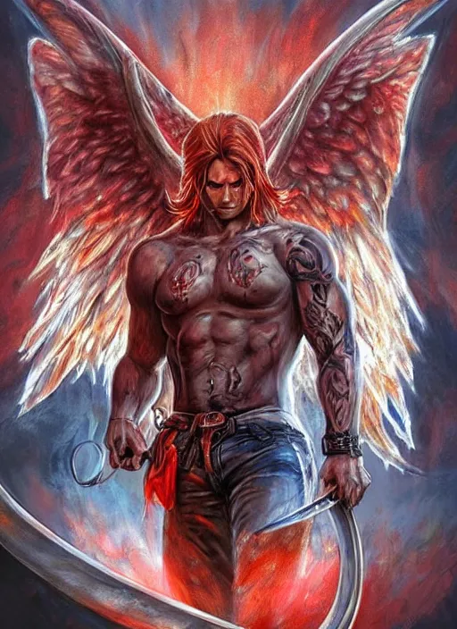 Prompt: front Sam Winchester is a muscular armoured angel holding swords angei wings wide open, teared apart T-Shirt and jeans, red Sneakers, whole body tattooed with runes and satanic symbols, D&D!, fantasy style, sharp focus!, ultra detailed, art by Artgerm and Peter Andrew Jones, WLUP