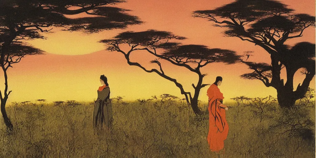 Image similar to painting of a woman in the savannah at golden hour by kitano tsunetomi, 1 9 3 9