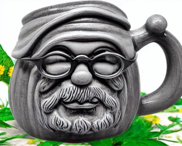 Prompt: mr robert is drinking fresh tea in a garden from spiral mug, detailed face, wearing glasses, grey beard, 4 k