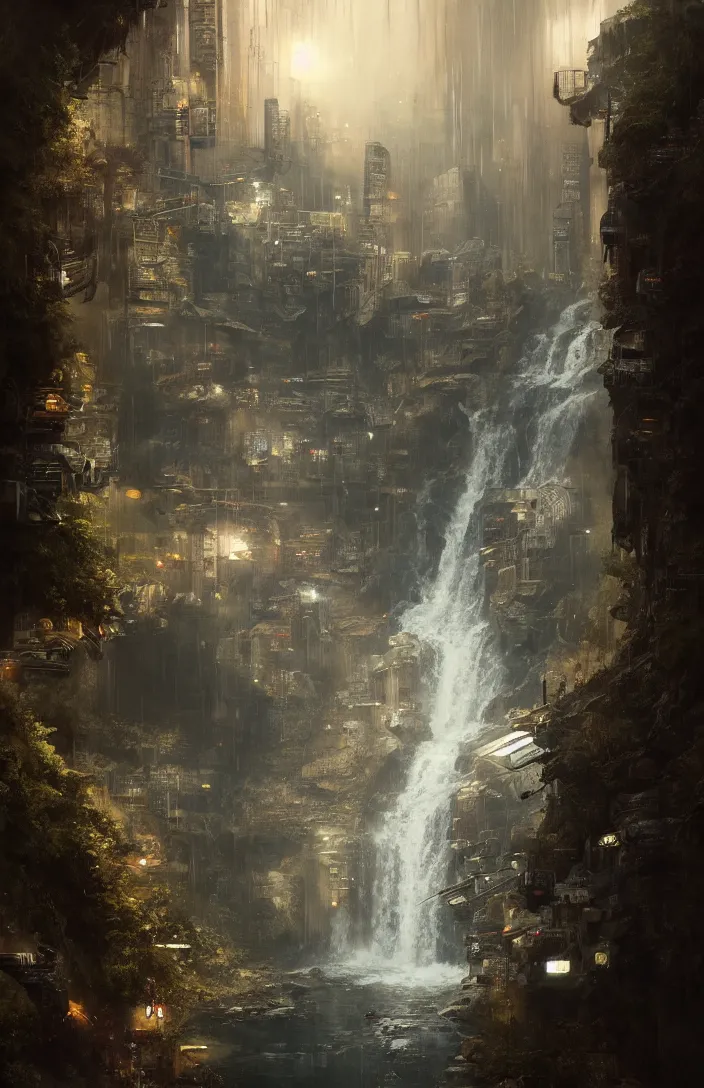 Image similar to a highly detailed blade runner cyberpunk on the edge of a waterfall, detailed, hyperreal phantastic, intricate details in environment, luminance, golden ratio, high aestehtic, cinematic light, dramatic light, godrays, distance, photobash, wideangle, bierstadt, hyperreal 4 k