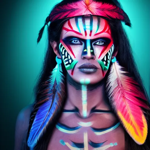 Prompt: a beautiful female indigenous warrior with futuristic face paint, neon ornamental markings, photorealistic, cinematic lighting, high resolution 4 k