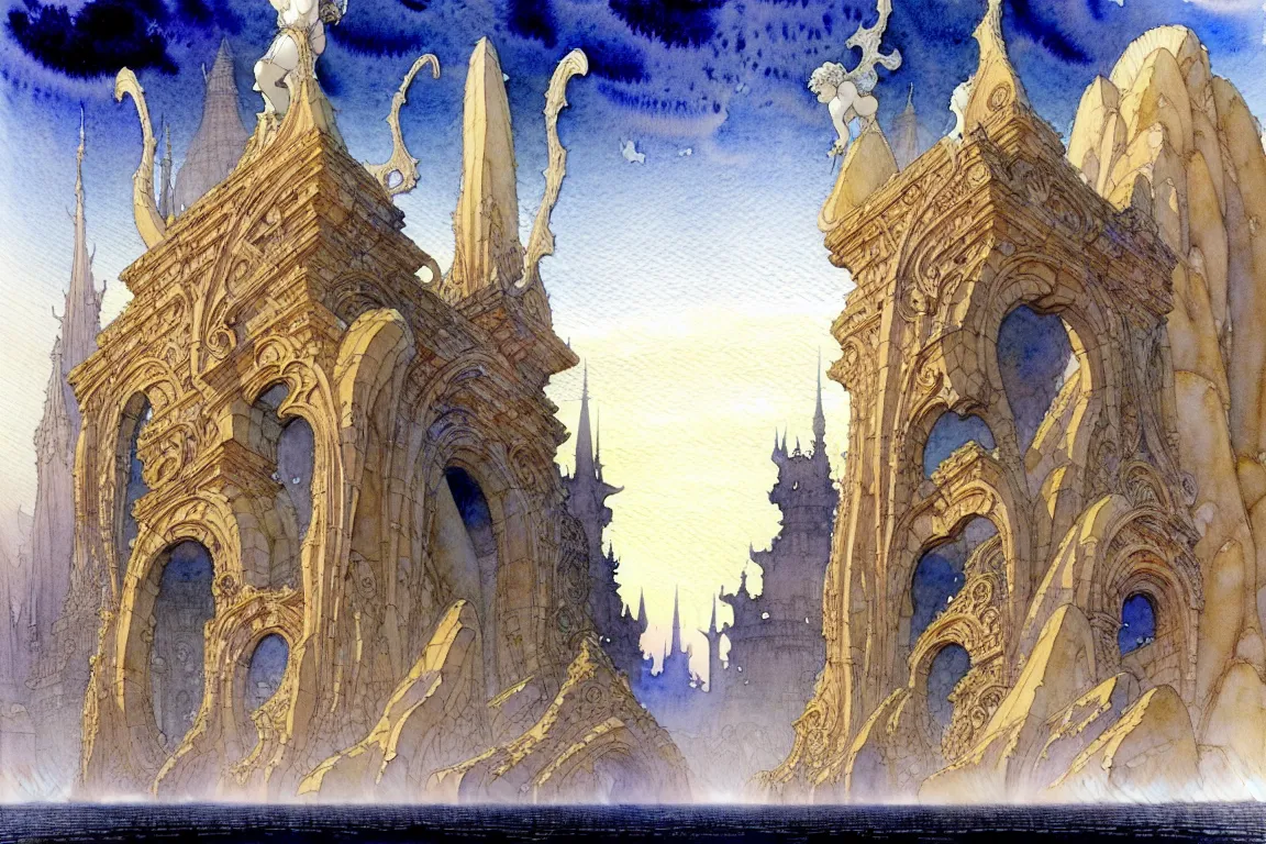 Prompt: an beautiful and very detailed concept watercolour painting by alan lee, rebecca guay, michael kaluta, charles vess and jean moebius giraud of a massive city constructed of ancient stone of impossible architecture floating in the astral plane, with huge statues of furious seraphim rising from admist the byzantine spires