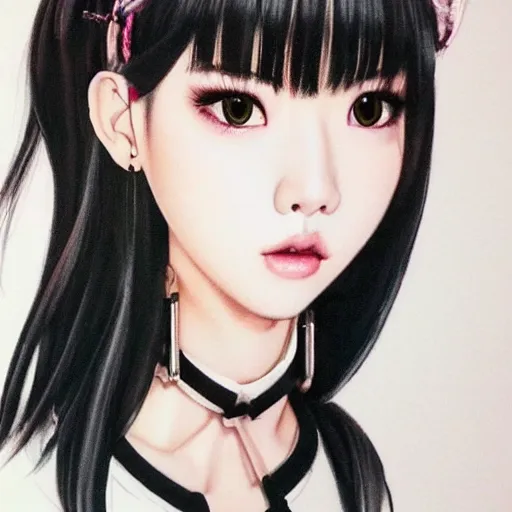 Image similar to realistic detailed semirealism beautiful gorgeous cute Blackpink Lalisa Manoban wearing school uniform, black hair black cat ears, black leather choker, proportional body, WLOP, Aztodio, Taejune Kim, sakimichan, ArtGerm, Pixiv, Instagram, Artstation