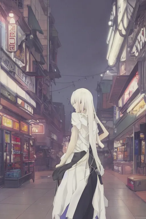 Image similar to a white haired girl with a guitar on her back shopping at a convenience store at night, grey and dark theme, s line, 4 5 angel by krenz cushart and mucha and makoto shinkai, 4 k resolution