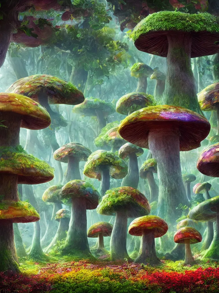 Image similar to a beautiful otherworldly fantasy landscape of giant mushroom trees forming canopies over bright colorful mythical floral plants, like alice in wonderland, rendering, cryengine, deep color, vray render, cinema 4 d, cgsociety, bioluminescent