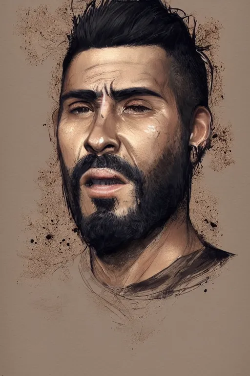 Image similar to very detailed portrait of a rugged man in his early thirties, strong jaw, deep black eyes, latino features, wearing a black!! t - shirt, earthy color scheme, by wlop and krenz cushart and artgerm, 9 0 s style, detailed eyes, starry background, trending, on artstation.