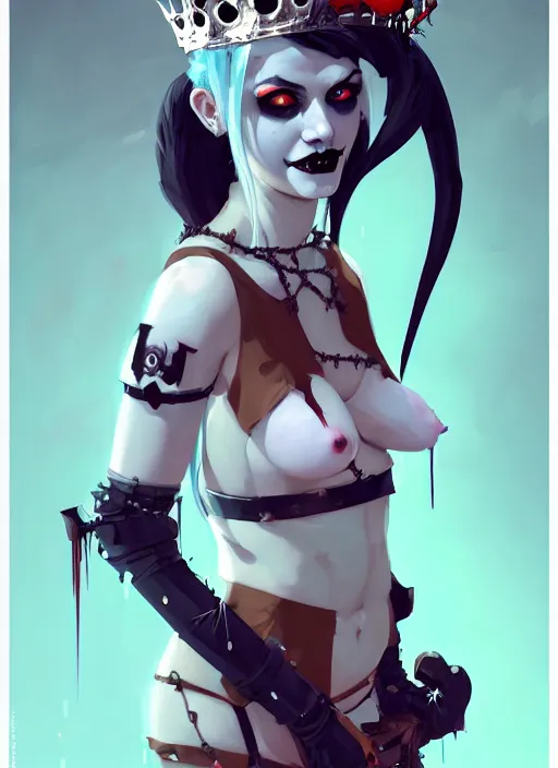 Image similar to portrait of cute goth harley quinn girl with crown of thorns in cyber bikini armor, warhammer, cyberpunk, by atey ghailan, by greg rutkowski, by greg tocchini, by james gilleard, by joe gb fenton, by kaethe butcher, dynamic lighting, gradient light blue, brown, blonde cream and white color in scheme, grunge aesthetic