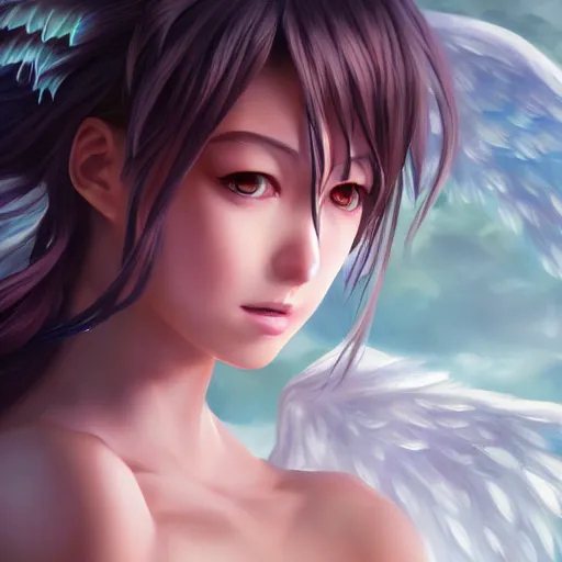 Image similar to an oil painting of a beautiful anime girl with angel wings, by artgerm, hd, hdr, ue 5, ue 6, unreal engine 5, cinematic 4 k wallpaper, 8 k, ultra detailed, high resolution, artstation, award winning