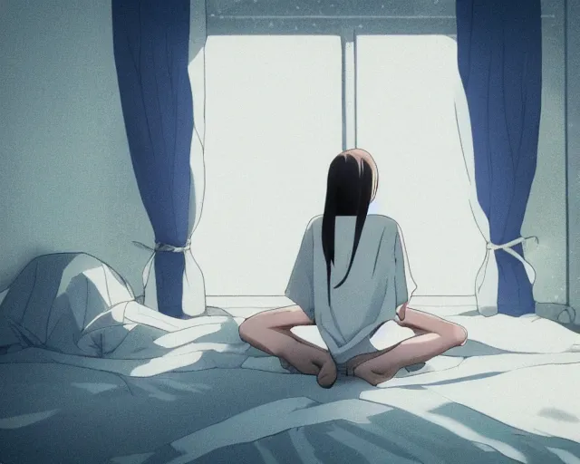 Prompt: a film still of lone anime girl in white tshirt is sitting on poor bed in pale colors room in dark russian flat, perfect faces, fine details, anime, stephan koldi