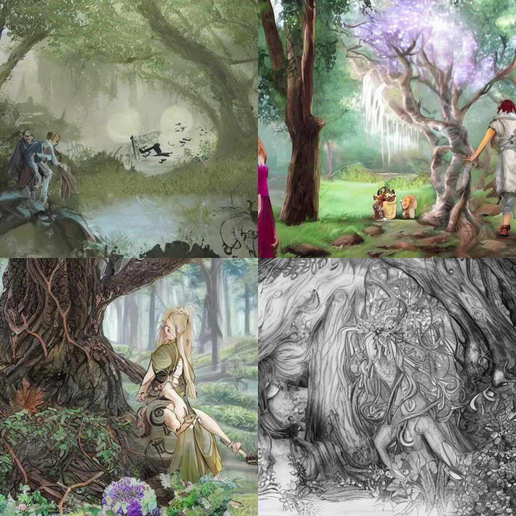Prompt: A druid meets a dryad coming out of her giant oak tree, fantasy illustration, photorealistic anime