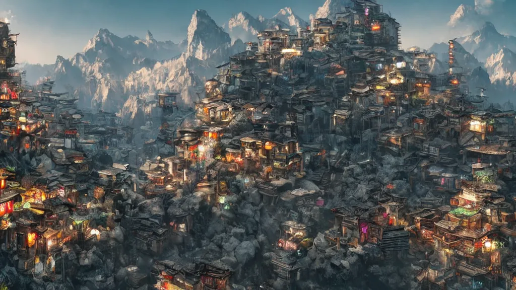 Prompt: small oriental mountainside village in cyberpunk style, fantastical epic, hyperrealistic, highly detailed, 4 k hd