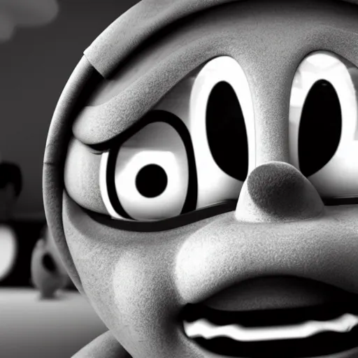 Image similar to black and white distorted Teletubbies with wide open human realistic eyes, highly detailed, sharp focus, octane render, noisy image