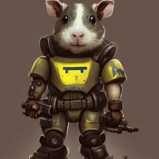 Image similar to cute little anthropomorphic Guinea Pig using Power Armour from Fallout 4, ultra wide lens shot , tiny, small, short, cute and adorable, pretty, beautiful, DnD character art portrait, matte fantasy painting, DeviantArt Artstation, by Jason Felix by Steve Argyle by Tyler Jacobson by Peter Mohrbacher, cinematic lighting