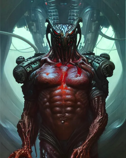 Image similar to the predator fantasy character portrait, ultra realistic, wide angle, intricate details, blade runner artifacts, highly detailed by peter mohrbacher, boris vallejo, hajime sorayama aaron horkey, gaston bussiere, craig mullins