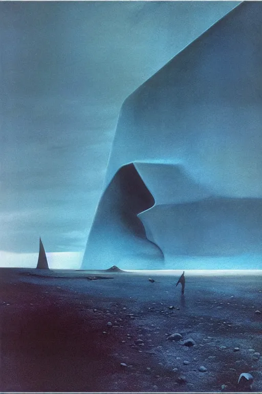 Image similar to emissary iceland highlands by arthur haas and bruce pennington and john schoenherr, cinematic matte painting, zaha hadid a - frame building, photo realism, dark moody color palate, blue hour stars, desolate glacial landscape,