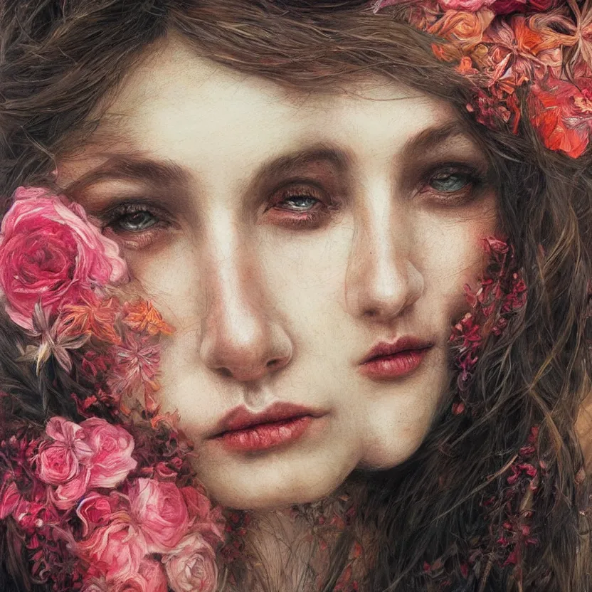 Prompt: close up portrait painting of an alternative artistic bohemian female, concept art, intricate details, aesthetically pleasing colors, art by marco mazzoni, impressionism, portrait, detailed, dark, flowers