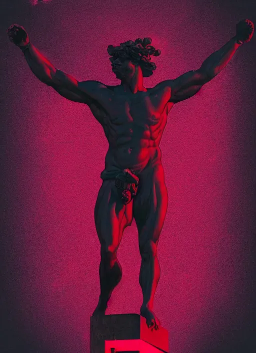 Image similar to black background with subtle red and purple design elements, statue of hercules, nekro, graphic design, collage art, thin lines, dark, glitch art, neo vaporwave, gritty, layout frame, trending on artstation