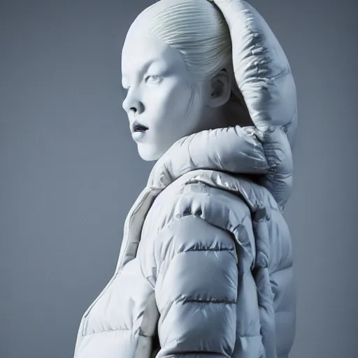 Image similar to well lit fashion shoot portrait of extremely beautiful female marble statue wearing huge over size puffer jacket by dingyun zhang, yeezy, balenciaga, vetements, a cold wall, sharp focus, clear, detailed,, cinematic, detailed, off white, glamourous, symmetrical, vogue, editorial, fashion, magazine shoot, glossy