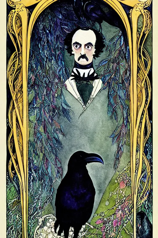 Prompt: realistic portrait of edgar allen poe in the center of a raven floral frame, detailed art by kay nielsen and walter crane, illustration style, watercolor