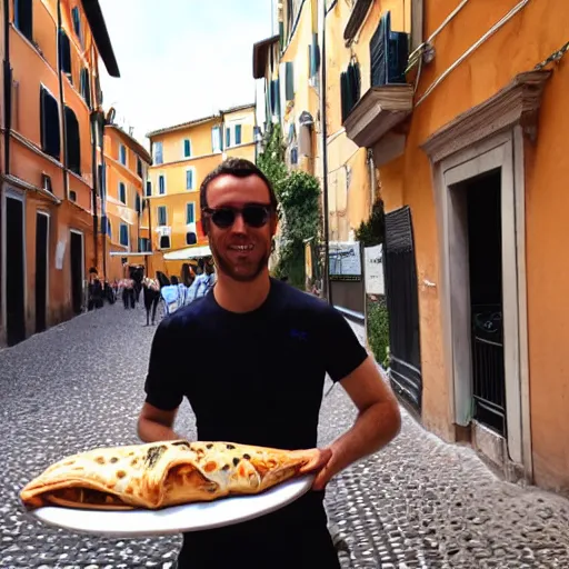 Prompt: A friendly looking maranza offering you a calzone in Rome