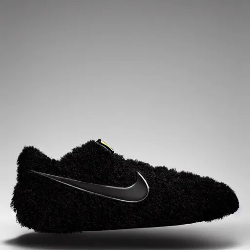 Image similar to nike shoe made of very fluffy black faux fur placed on reflective surface, professional advertising, overhead lighting, heavy detail, realistic by nate vanhook, mark miner