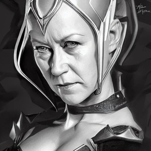 Image similar to full figure ultra realistic illustration, helen mirren as batgirl, intricate, elegant, highly detailed, digital painting, artstation, concept art, smooth, sharp focus, illustration, art by artgerm and greg rutkowski and alphonse mucha