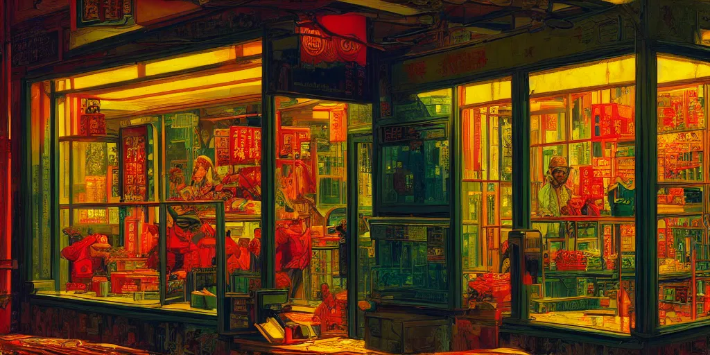 Prompt: s shop window in hong kong, by dan mumford and peter doig and edward hopper, highly detailed, dramatic lighting, 8 k