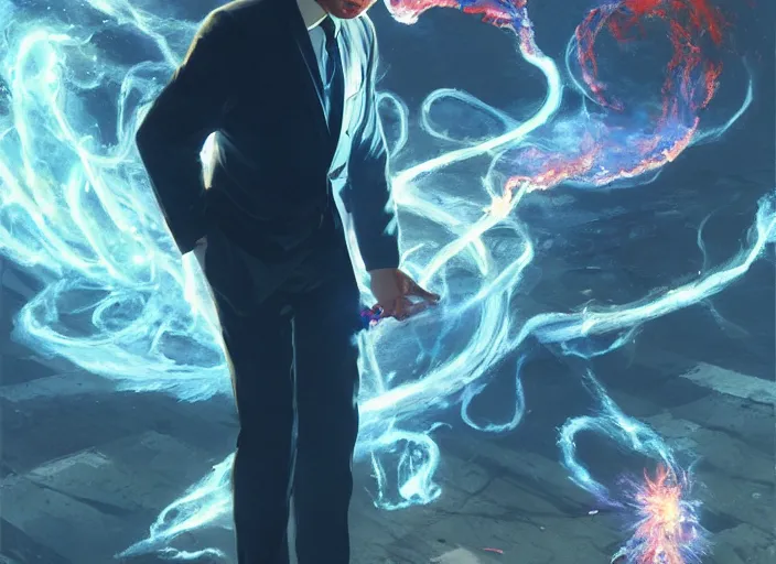 Image similar to a man wearing a suit, engulfed in a whirling fire tornado firestorm, emitting smoke and sparks, fantasy, cinematic, fine details by realistic shaded lighting poster by ilya kuvshinov katsuhiro otomo, magali villeneuve, artgerm, jeremy lipkin and michael garmash and rob rey