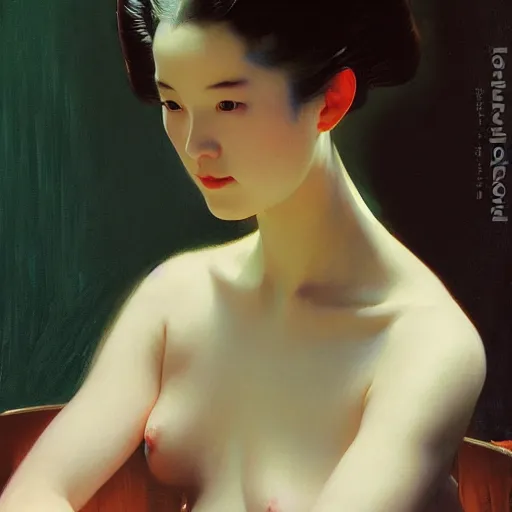 Image similar to yanjun cheng portrait of a beautiful geisha android by norman rockwell, bouguereau