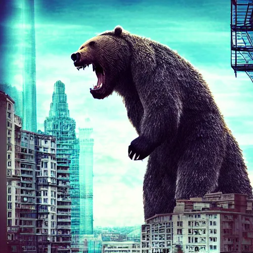 Image similar to ! dream a giant angry bear vs. godzilla in the city, photomanipulation, photoshop, digital art