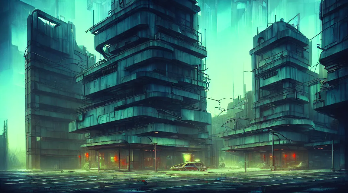 Image similar to post apocalyptic cyberpunk police station, building, avenue, urban architecture, americana architecture, concrete architecture, cloudy sky, paved roads, by boris vallejo trending on artstation, photorealistic, wild vegetation, utopian, futuristic, blade runner, neon signs, sharp, clear, focus