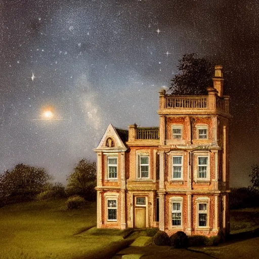 Image similar to an abandoned mansion with a widows walk and observatory on a hill at night with stars, by lee madgwick and bastien lecouffe