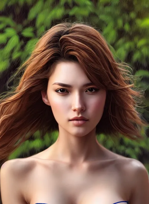 Image similar to photo of a gorgeous female in the style of stefan kostic, realistic, half body shot, sharp focus, 8 k high definition, insanely detailed, intricate, elegant, art by stanley lau and artgerm, bokeh foliage