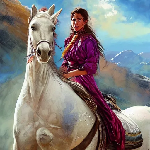 Prompt: a beautiful young kurdish woman riding a beautiful white horse in the kurdish mountains art by martin ansin, highly detailed, 8 k, high resolution, award winning art, incredibly intricate, beautiful and symmetrical face